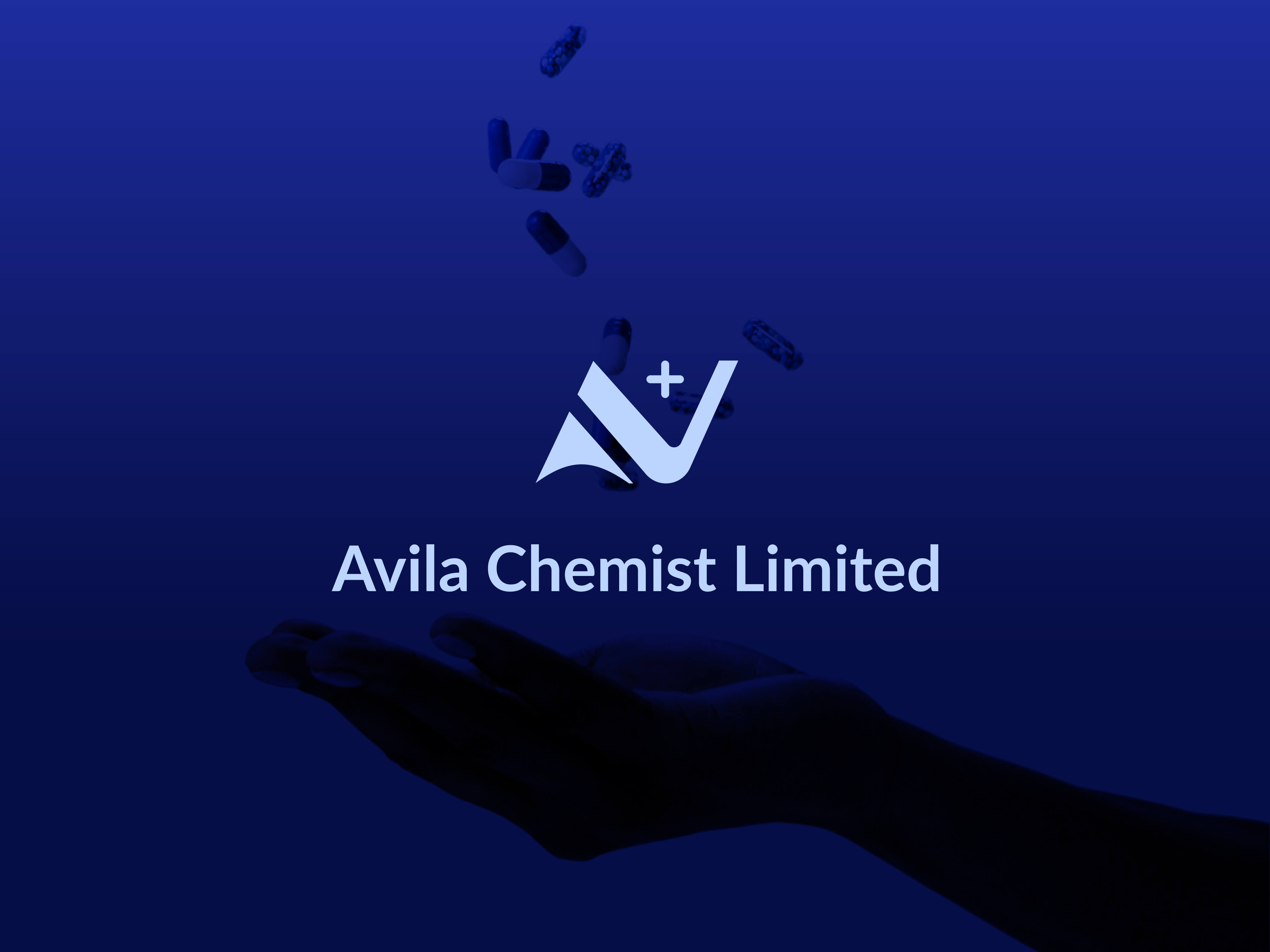 A smiling pharmacist holding two medicine bottles, with the white Avila symbol and the words Avila Chemist Limited over a blue background.