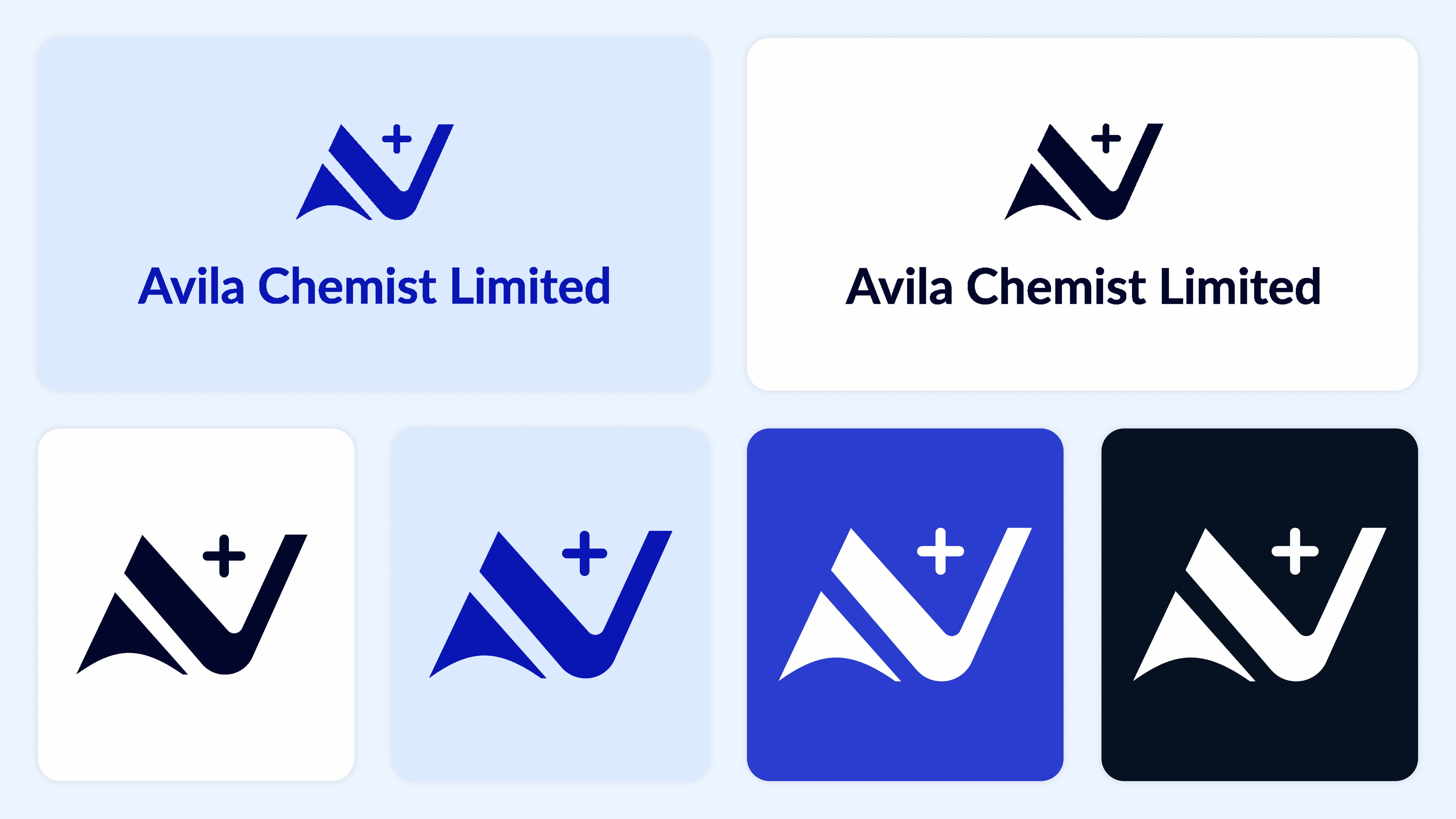 Avila Chemist Limited logo variations: full logo in blue and in black, and the icon mark in navy, blue, white on blue, and white on black.