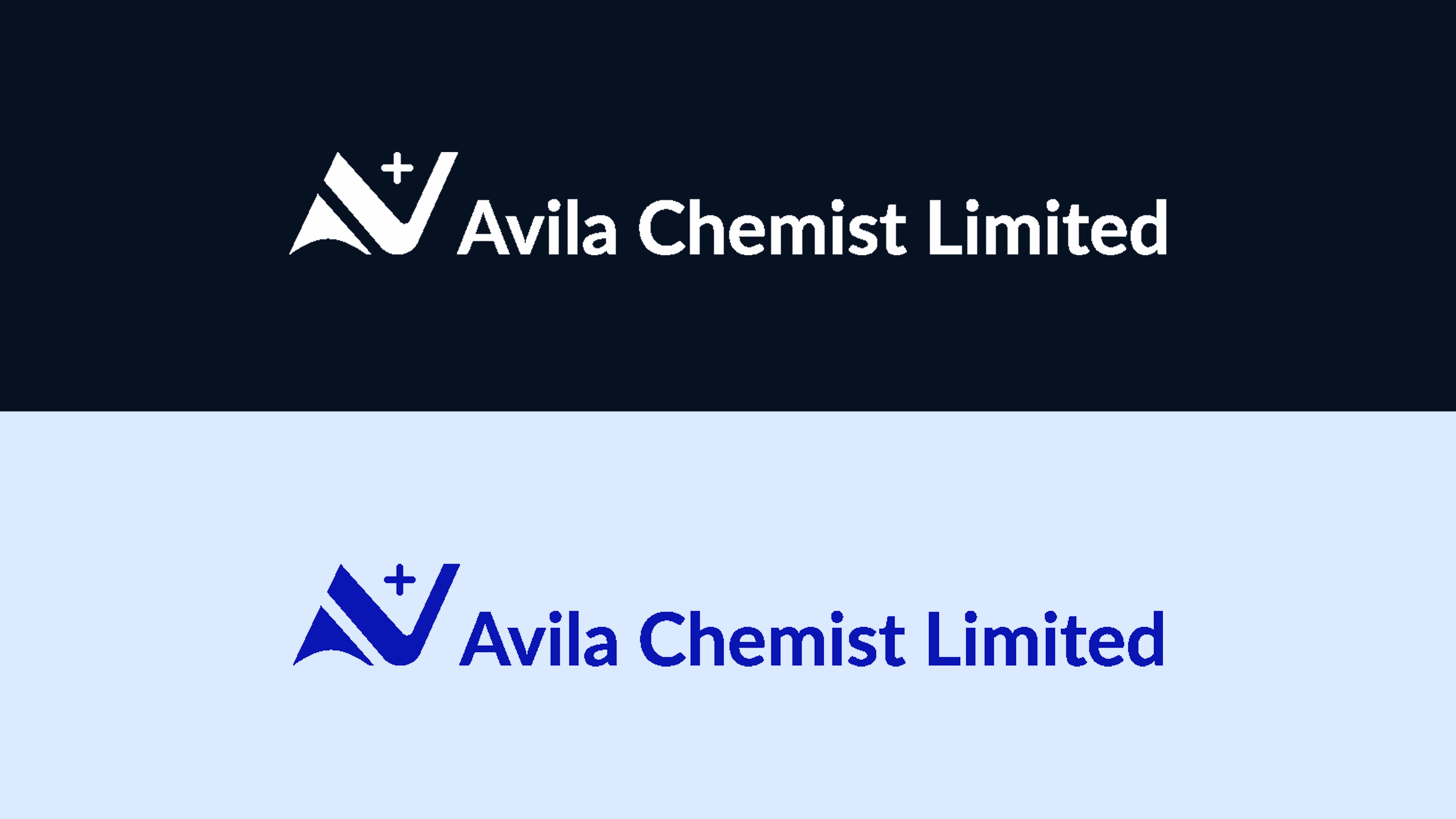 Avila Chemist Limited logo in white on a dark navy background, above the same logo in blue on a light blue background.