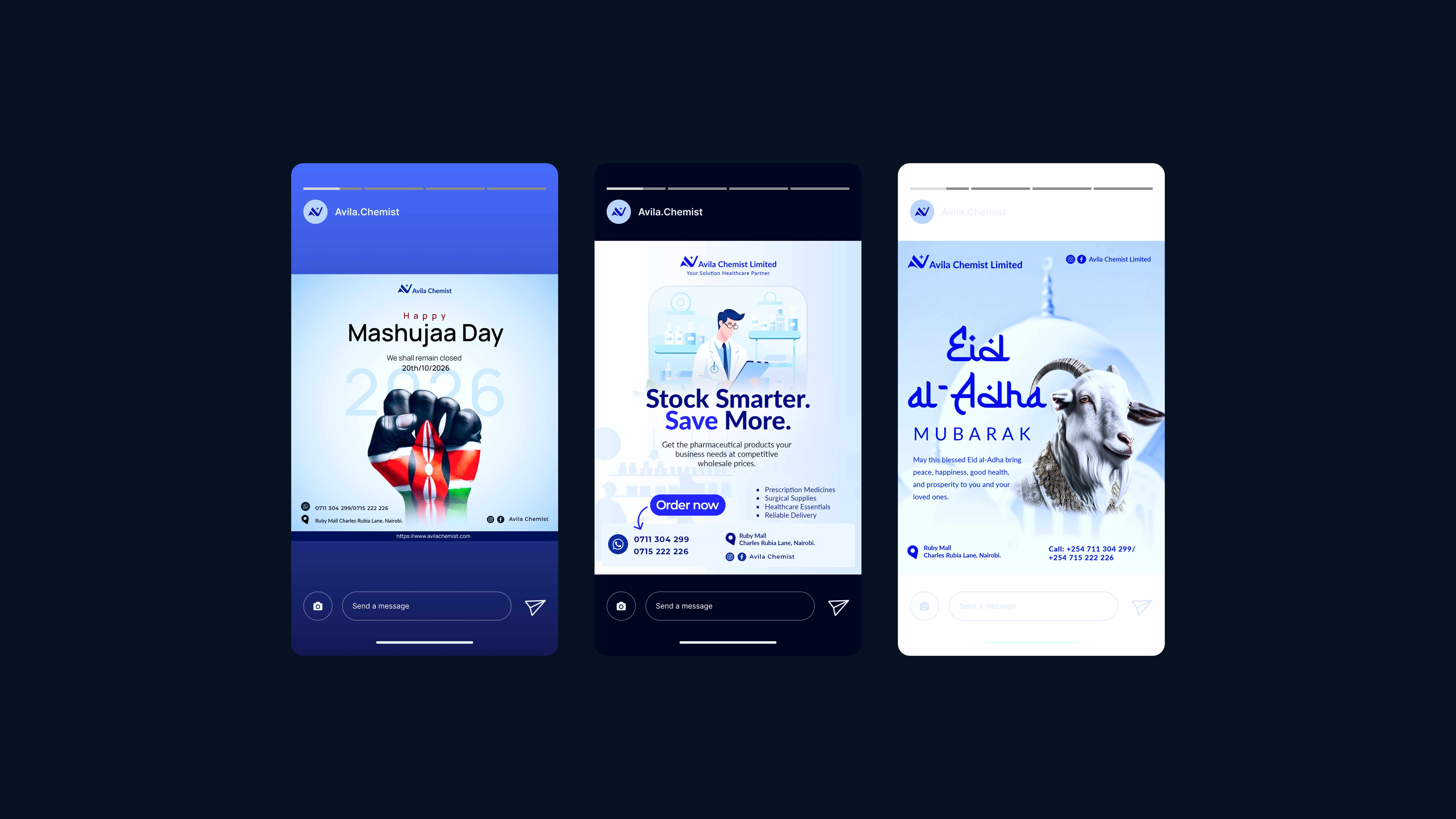 Three Avila Chemist social media stories: a Mashujaa Day 2026 greeting with a fist in Kenyan flag colours, a “Stock Smarter, Save More” wholesale ad, and an Eid al-Adha Mubarak greeting with a goat.