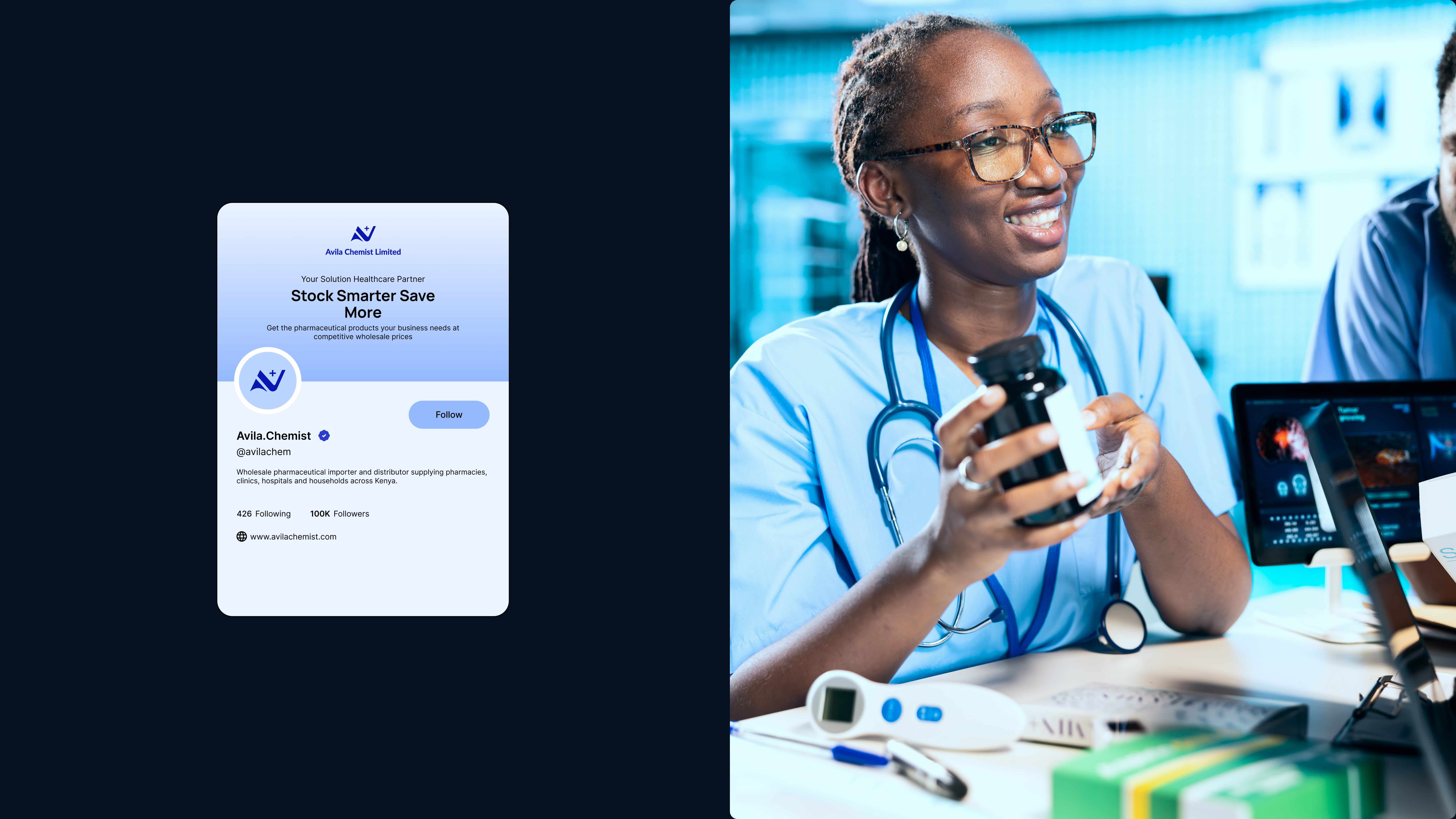 Avila Chemist social media profile mockup reading “Stock Smarter, Save More,” beside a smiling healthcare worker in blue scrubs holding a medicine bottle.