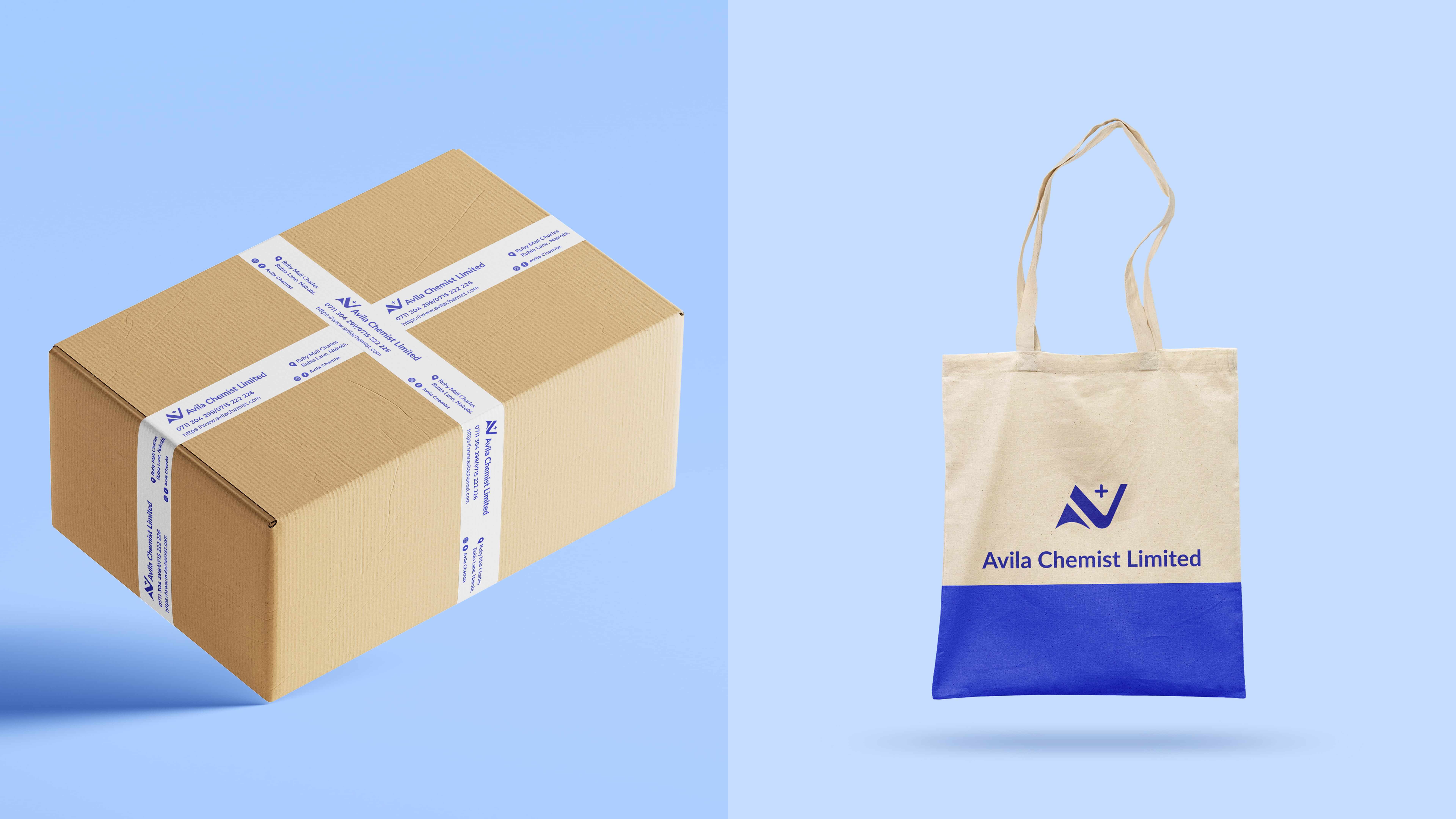 Cardboard shipping box sealed with blue Avila Chemist tape beside a cream tote bag with a blue base and the Avila Chemist Limited logo.