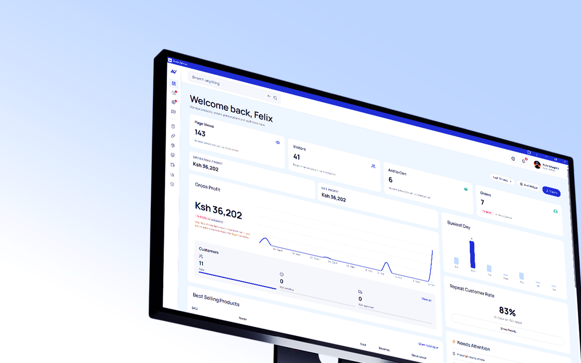 Angled desktop monitor mockup showing the Avila Admin dashboard, with visitor, cart and order cards, a gross profit chart, customer counts, a busiest-day chart and a repeat customer rate panel.