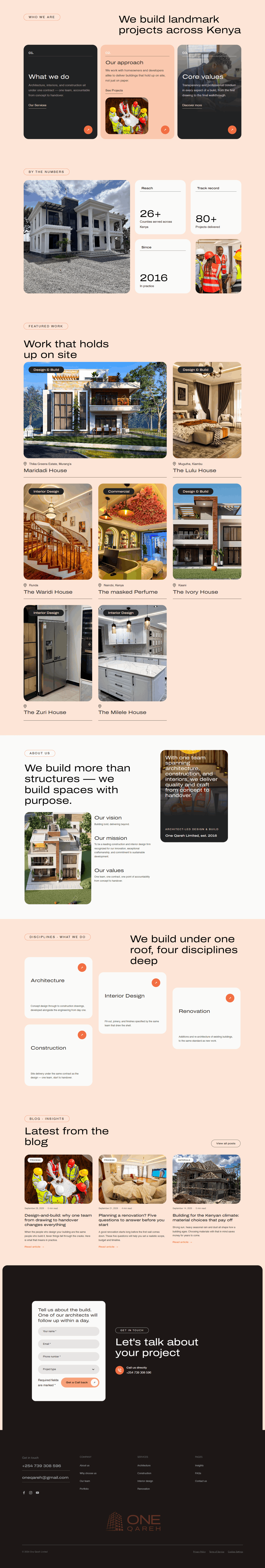 Full-page preview of the One Qareh homepage, showing the services intro, project statistics, a Featured Work grid, four disciplines, blog posts and a contact form with footer.