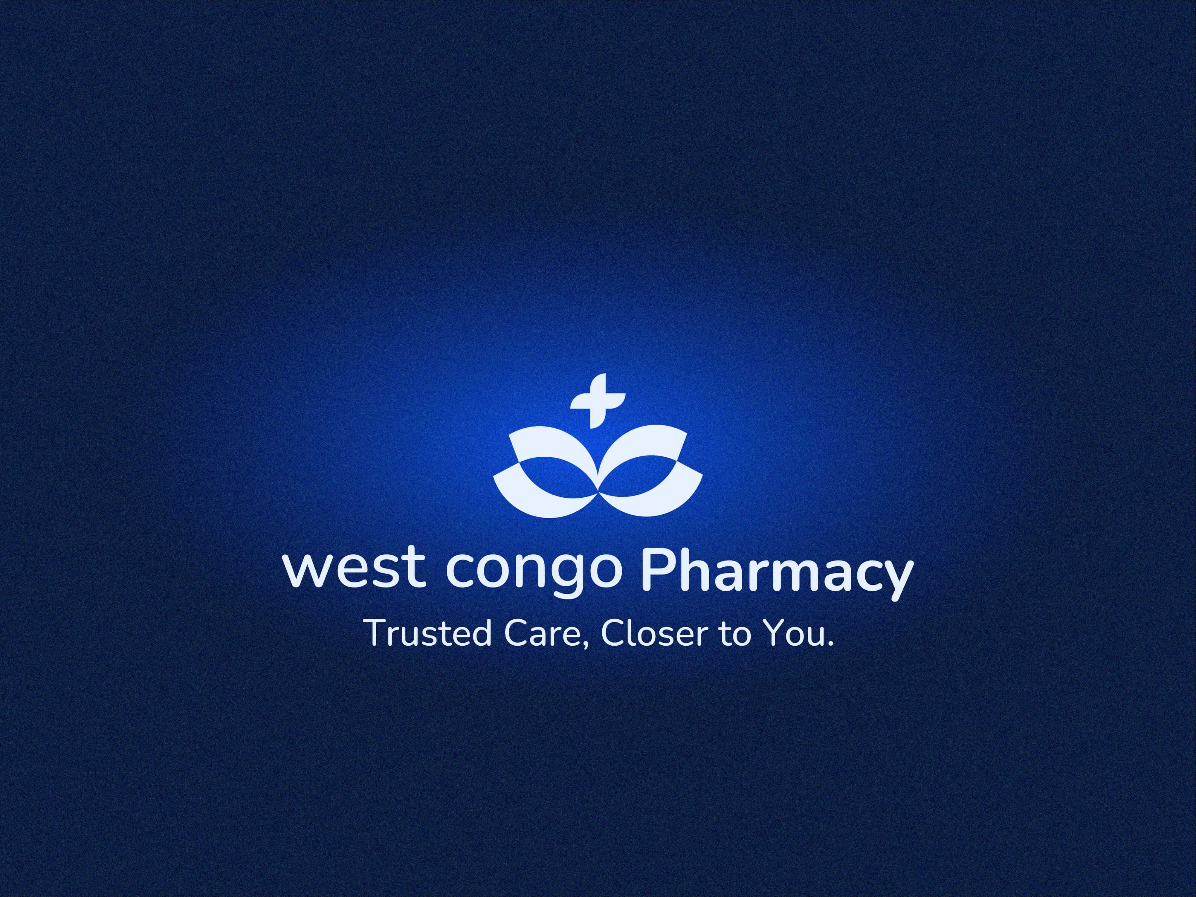 West Congo Pharmacy logo, a white lotus-and-cross mark above the wordmark and the tagline “Trusted Care, Closer to You.”, on a deep blue gradient.