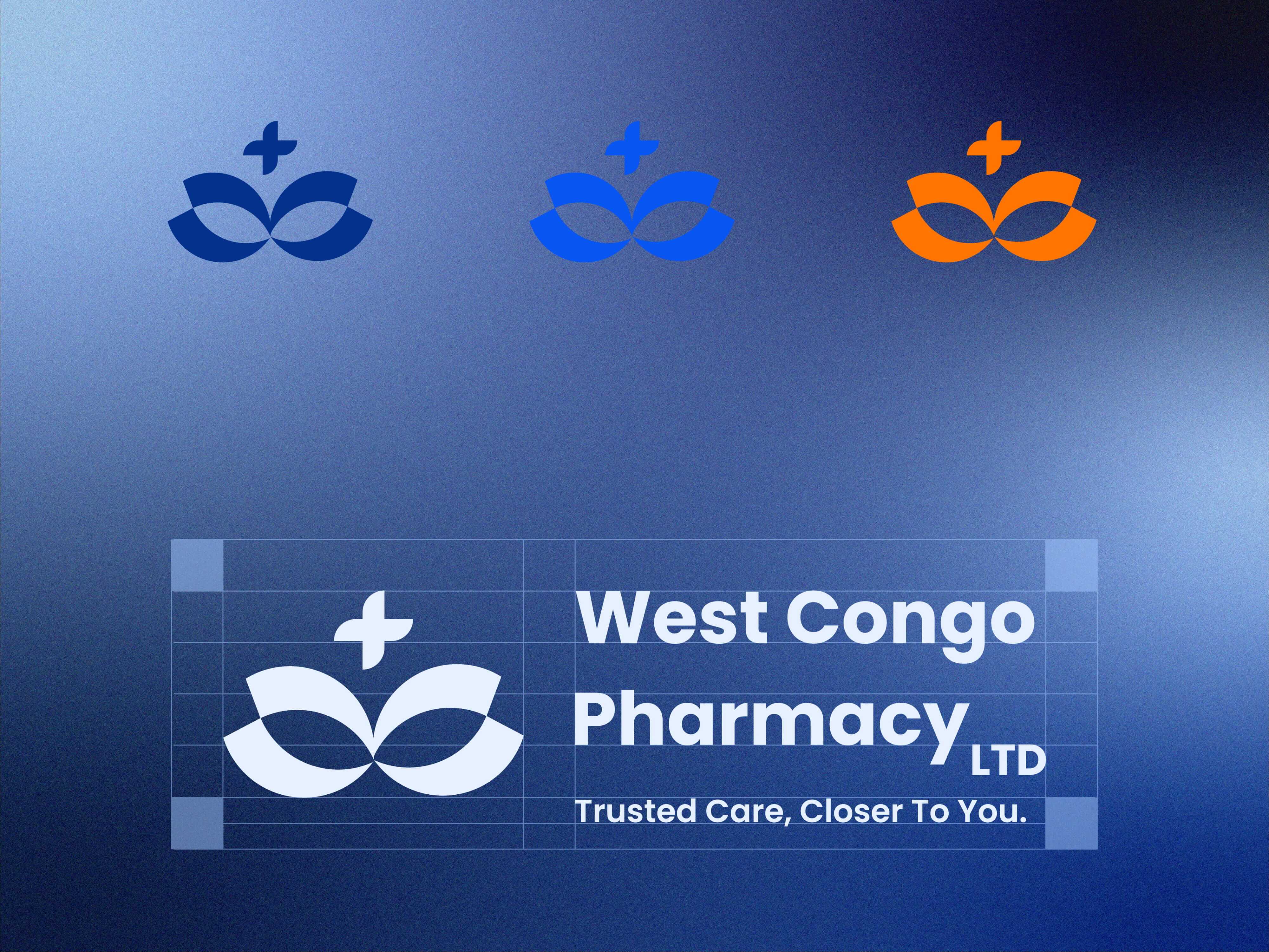 The West Congo Pharmacy logo in dark blue, bright blue and orange, with a construction grid below showing the white lotus-and-cross mark beside the wordmark, “LTD” and the tagline.
