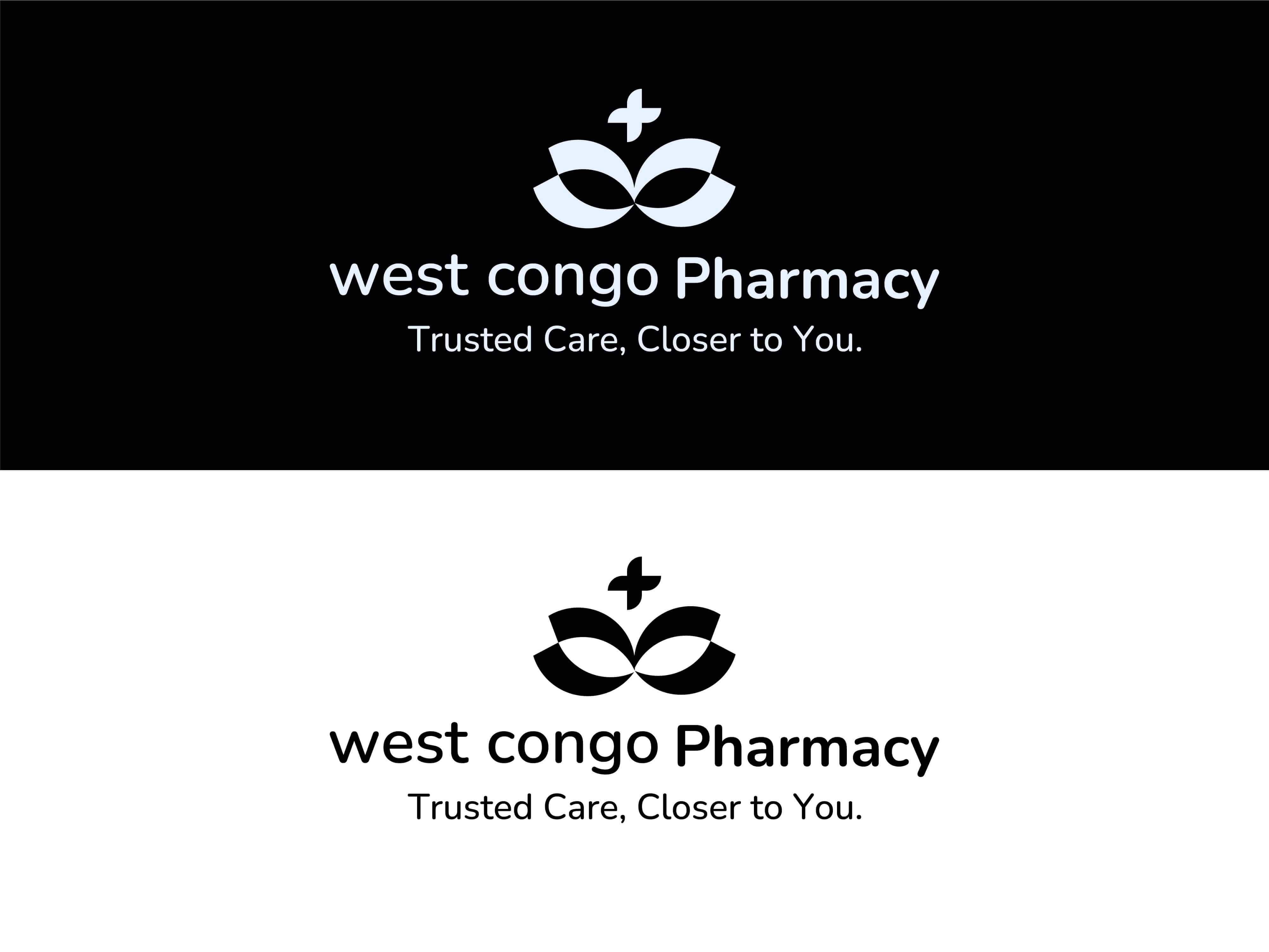 The West Congo Pharmacy logo in white on black and in black on white, showing that it works in a single colour.