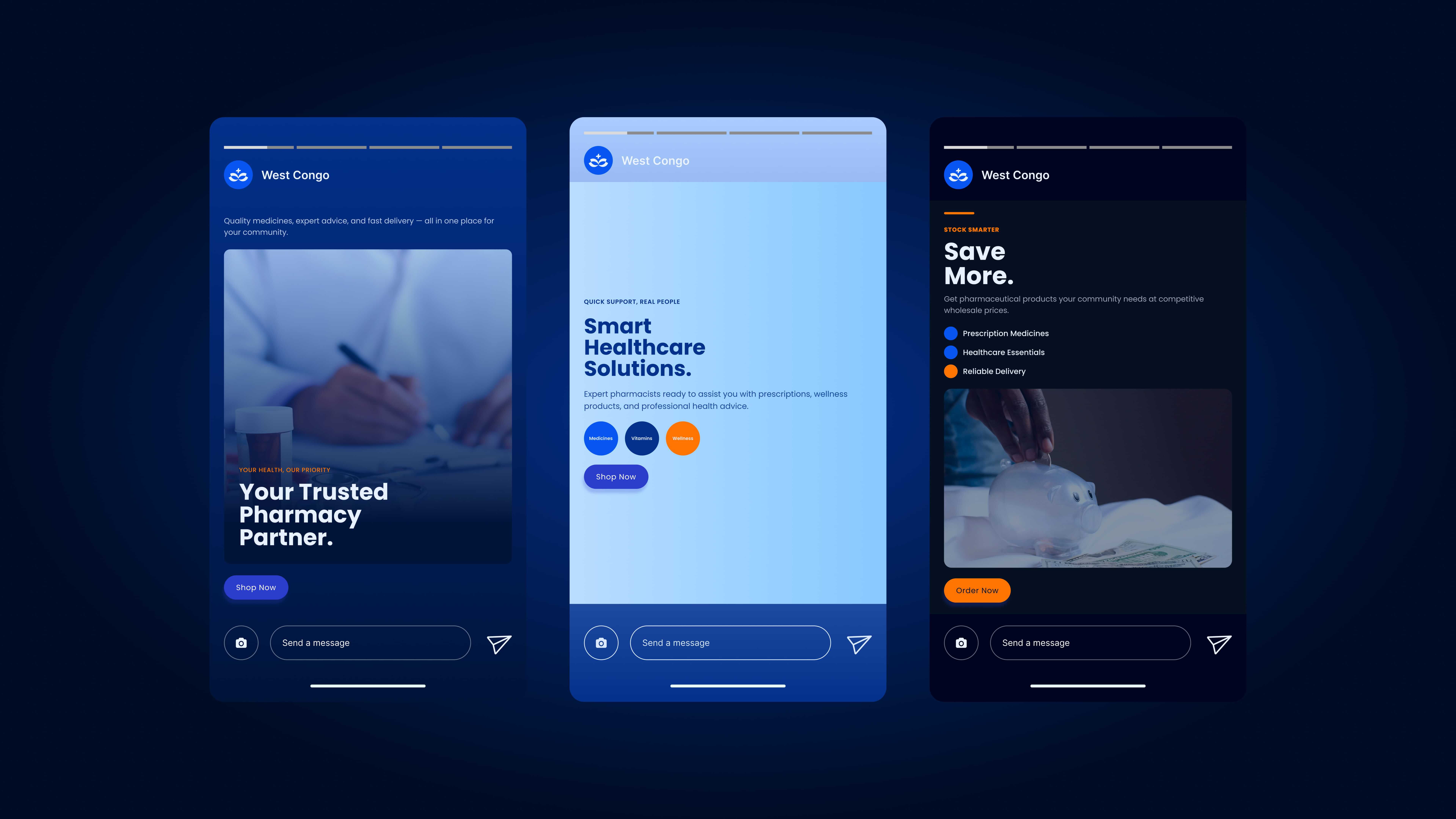 Three West Congo Pharmacy Instagram story concepts: “Your Trusted Pharmacy Partner” on dark blue, “Smart Healthcare Solutions” on light blue, and “Save More” on near-black with orange accents.